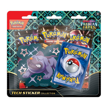 Pokémon TCG Paldean Fates Tech Sticker Collection featuring colorful Pokémon-themed stickers on a white background.