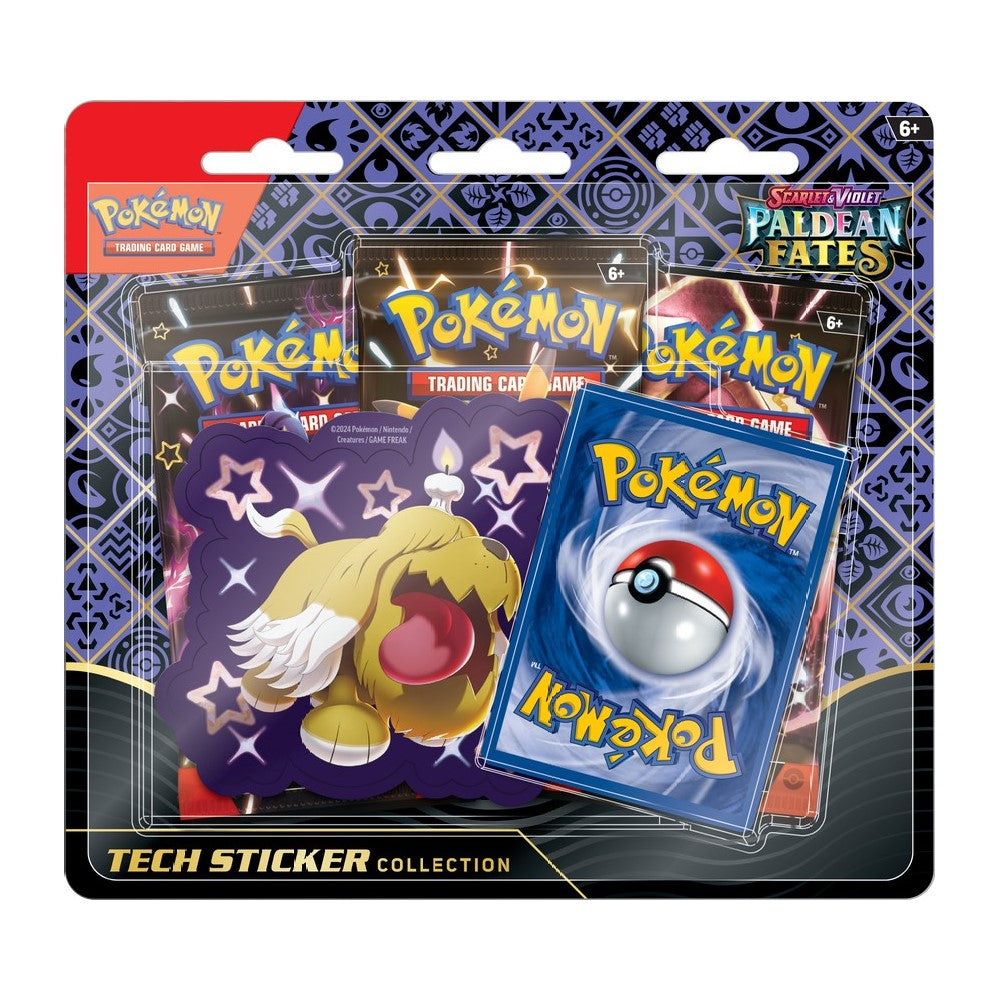 Pokemon Paldean Fates Tech Sticker Collection featuring vibrant Pokémon-themed stickers for trading card game accessories.