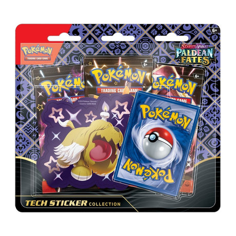 Pokemon Paldean Fates Tech Sticker Collection featuring vibrant Pokémon-themed stickers for trading card game accessories.