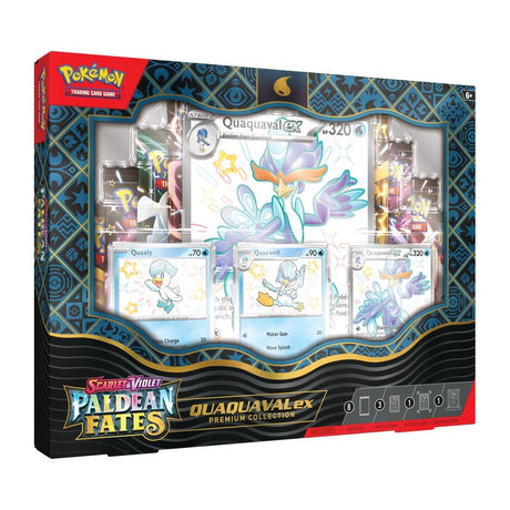 Pokémon TCG Paldean Fates ex Premium Collection box featuring Pokémon cards, artwork, and collectible accessories.
