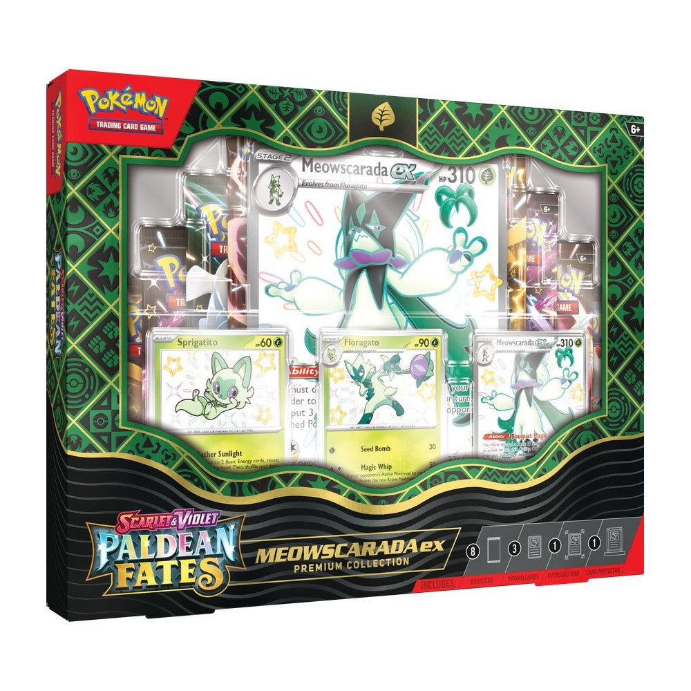 Pokémon Paldean Fates ex Premium Collection box featuring Pokémon TCG cards and accessories, branded by Pokémon.