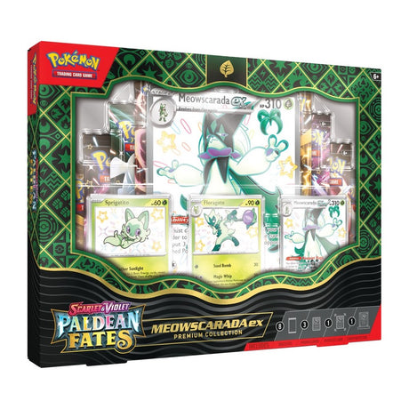Pokémon Paldean Fates ex Premium Collection box featuring Pokémon TCG cards and accessories, branded by Pokémon.