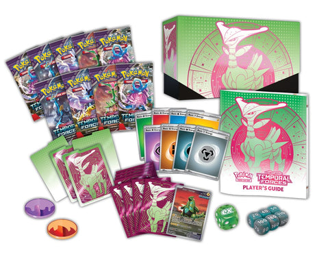Pokémon TCG Elite Trainer Box from Pokémon: Temporal Forces set, featuring booster packs, card storage, and accessories.
