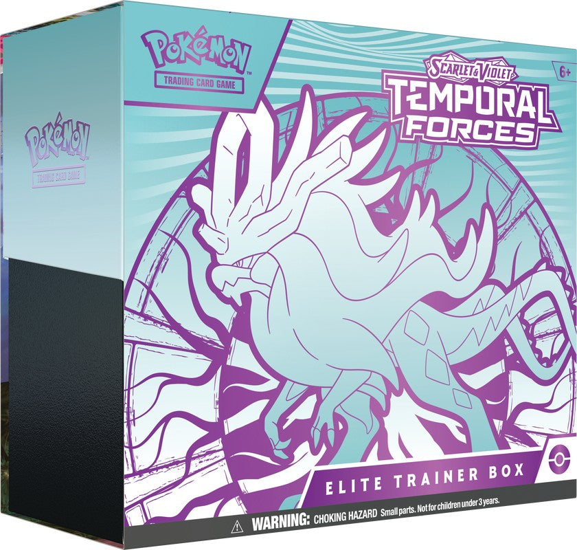 Pokémon TCG Temporal Forces Elite Trainer Box featuring Pokémon branding, with card packs and accessories inside.