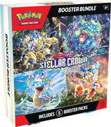 Pokemon Stellar Crown Booster Bundle featuring Pokémon TCG cards, showcasing colorful booster packs and the Pokémon logo.