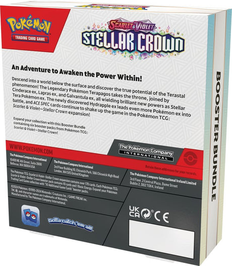 Pokemon TCG Stellar Crown Booster Bundle featuring colorful booster packs and cards from the Pokemon Stellar Crown series.