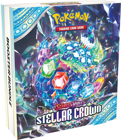 Pokémon TCG Stellar Crown Booster Bundle featuring Pokémon cards from the Stellar Crown set, with vibrant card artwork and packaging.