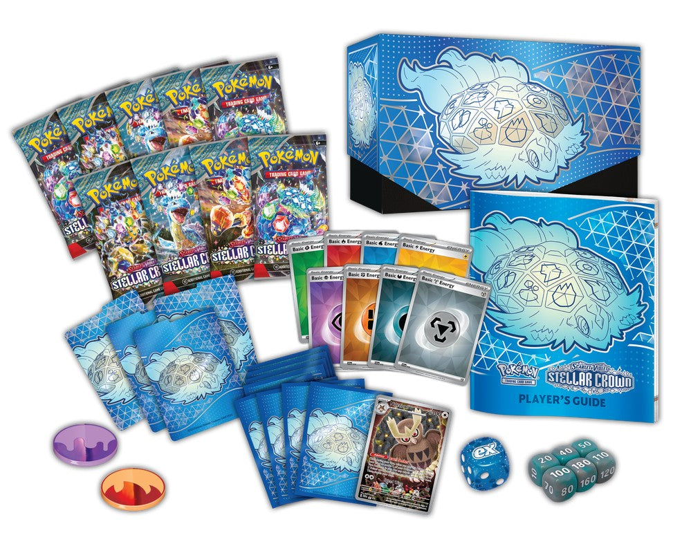 Pokemon Stellar Crown Elite Trainer Box with booster packs, storage boxes, and accessories for trading card game collection.