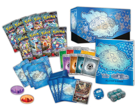 Pokemon Stellar Crown Elite Trainer Box with booster packs, storage boxes, and accessories for trading card game collection.
