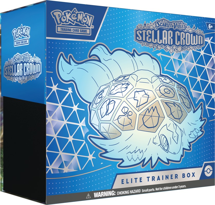 Pokemon Stellar Crown Elite Trainer Box featuring booster packs, card sleeves, and accessories for collectible card game gameplay