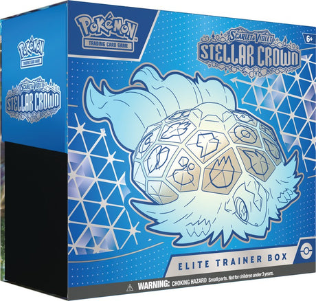 Pokemon Stellar Crown Elite Trainer Box featuring booster packs, card sleeves, and accessories for collectible card game gameplay