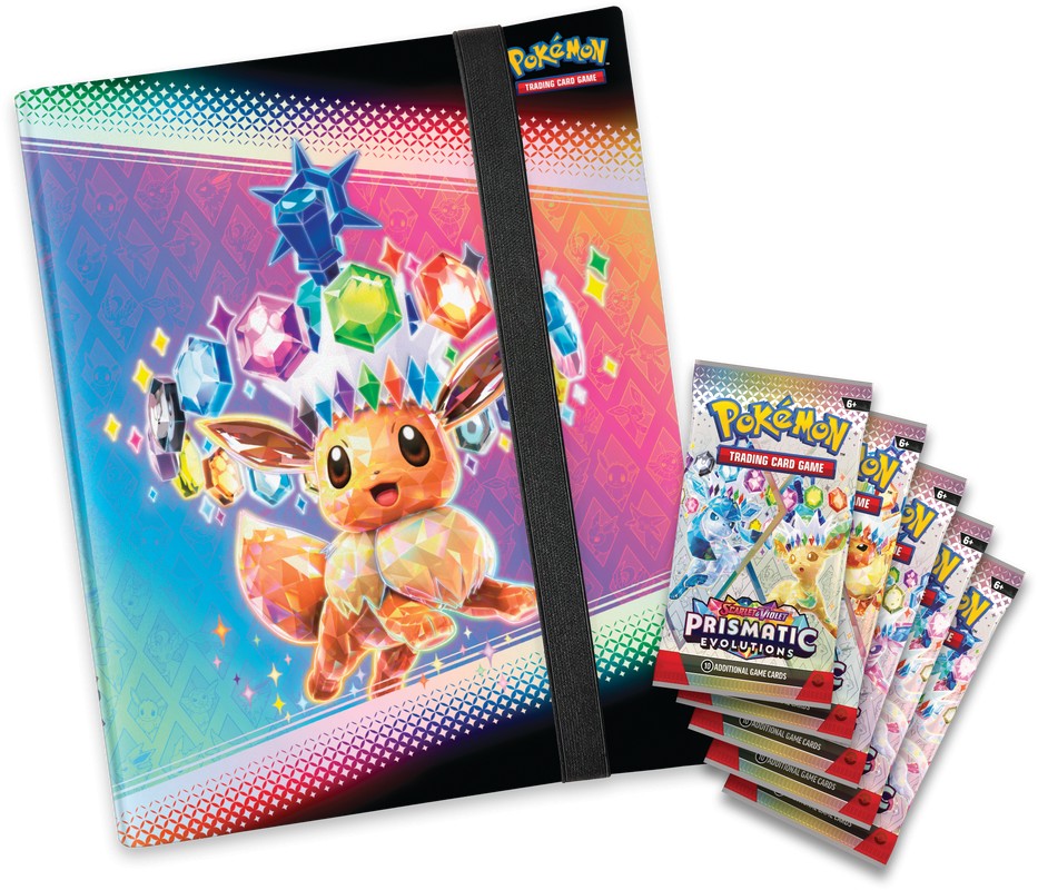 Pokemon Prismatic Evolutions Binder Collection featuring Pokémon TCG cards and storage binder with vibrant Pokémon artwork.