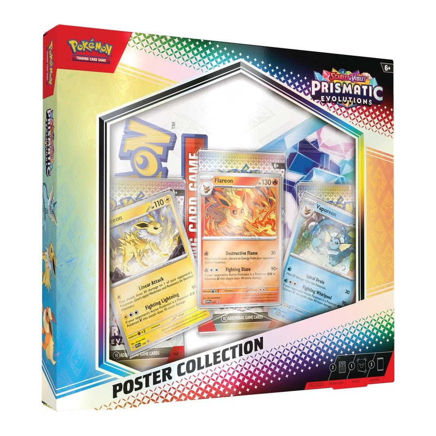 Pokémon TCG Prismatic Evolutions Poster Collection featuring colorful Pokémon card artwork and vibrant design elements.