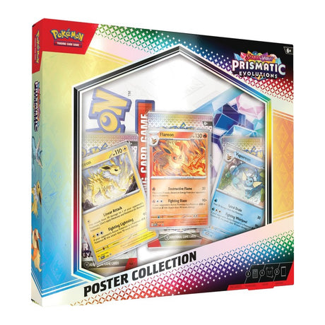 Pokémon TCG Prismatic Evolutions Poster Collection featuring colorful Pokémon card artwork and vibrant design elements.