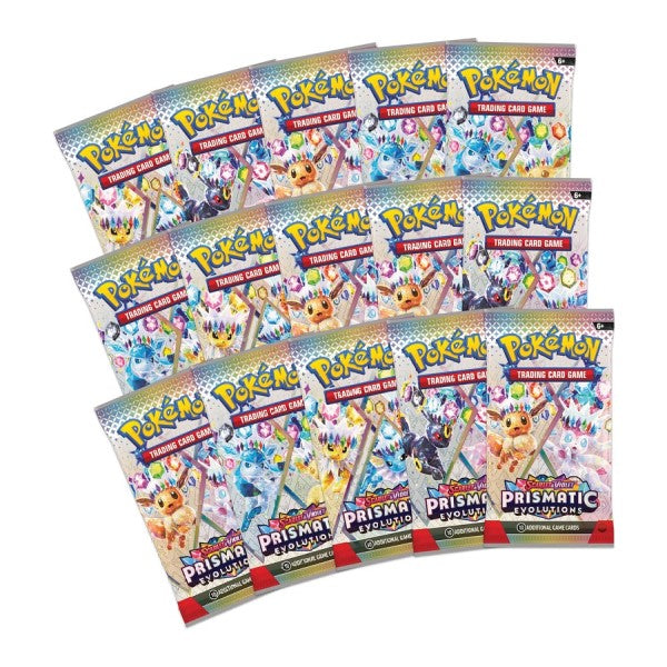 Pokémon TCG Prismatic Evolutions Super-Premium Collection box featuring colorful cards and collectible Pokémon memorabilia.