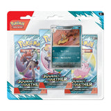 Pokemon Journey Together 3-Pack Blister with collectible cards and booster packs, featuring popular Pokémon characters.