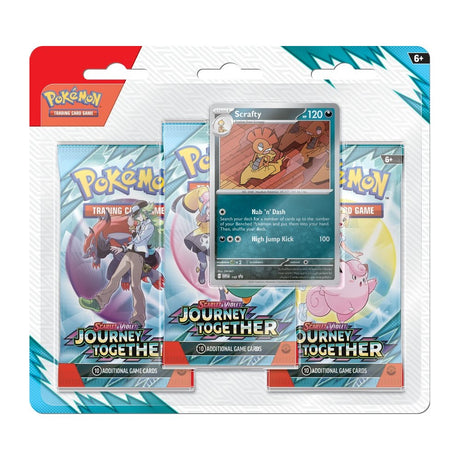 Pokemon Journey Together 3-Pack Blister with collectible cards and booster packs, featuring popular Pokémon characters.