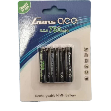 Gens Ace 750mAh 1.2V Ni-MH rechargeable battery, compact size, with silver top and black casing for electronic devices.