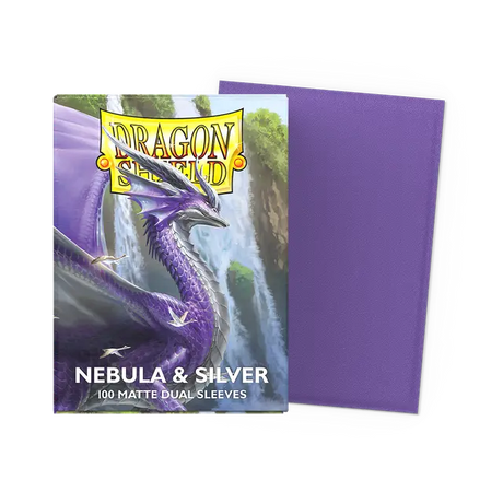 Dragon Shield Nebula and Silver dual matte standard sleeves for trading cards, featuring vibrant nebula design and sleek silver finish.