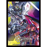 Official Gundam TCG card sleeves featuring Nu Gundam and Sazabi designs by Bandai, showcasing colorful anime character artwork.