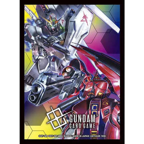 Official Gundam TCG card sleeves featuring Nu Gundam and Sazabi designs by Bandai, showcasing colorful anime character artwork.