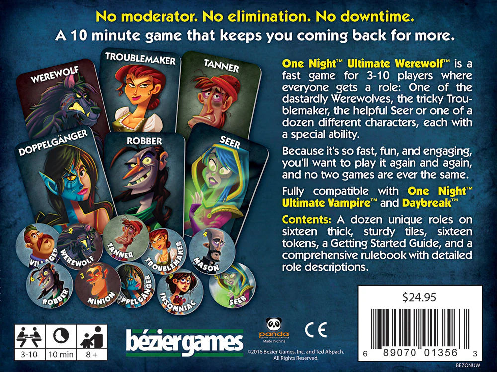 Box of One Night Ultimate Werewolf game by Bezier Games, showing colorful packaging and game components inside.