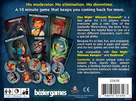 Box of One Night Ultimate Werewolf game by Bezier Games, showing colorful packaging and game components inside.