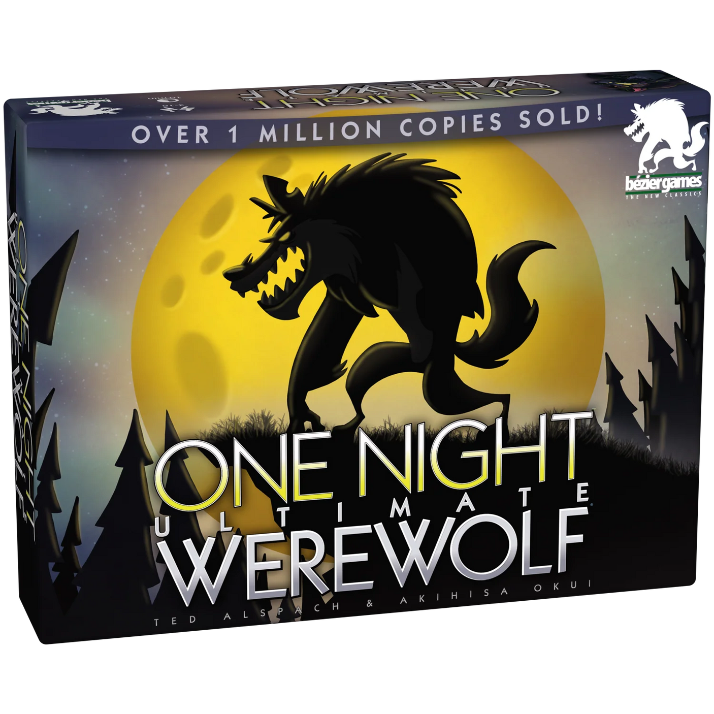 One Night Ultimate Werewolf game by Bezier Games, showing colorful character cards and game components on a table.