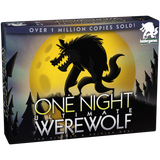 One Night Ultimate Werewolf game by Bezier Games, showing colorful character cards and game components on a table.