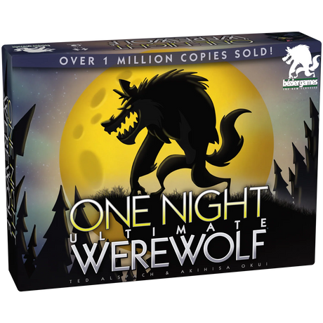 One Night Ultimate Werewolf game by Bezier Games, showing colorful character cards and game components on a table.