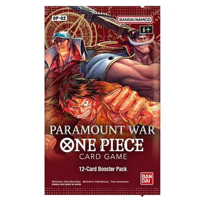 Bandai One Piece TCG Paramount War Booster Pack with colorful cards from the OP-02 set displayed in the image.