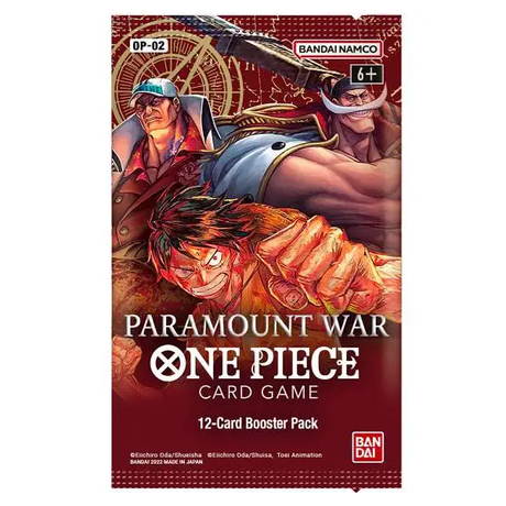 Bandai One Piece TCG Paramount War Booster Pack showing colorful cards with pirate and character artwork.