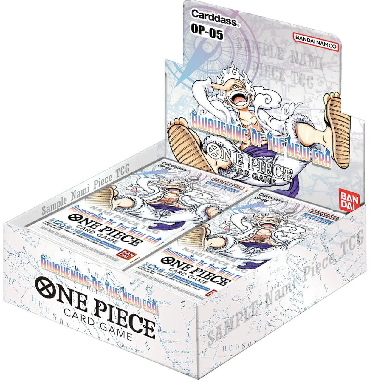 Bandai One Piece TCG Awakening of the New Era Booster Box with collectible trading cards, display of colorful card packaging.