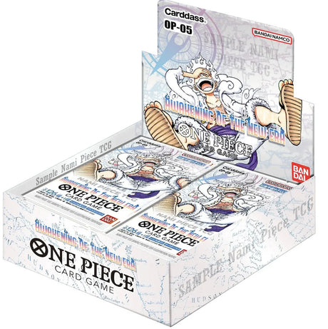 Bandai One Piece TCG Awakening of the New Era Booster Box with collectible trading cards, display of colorful card packaging.