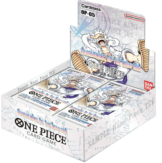 Bandai One Piece TCG Awakening of the New Era Booster Box with collectible trading cards, display of colorful card packaging.