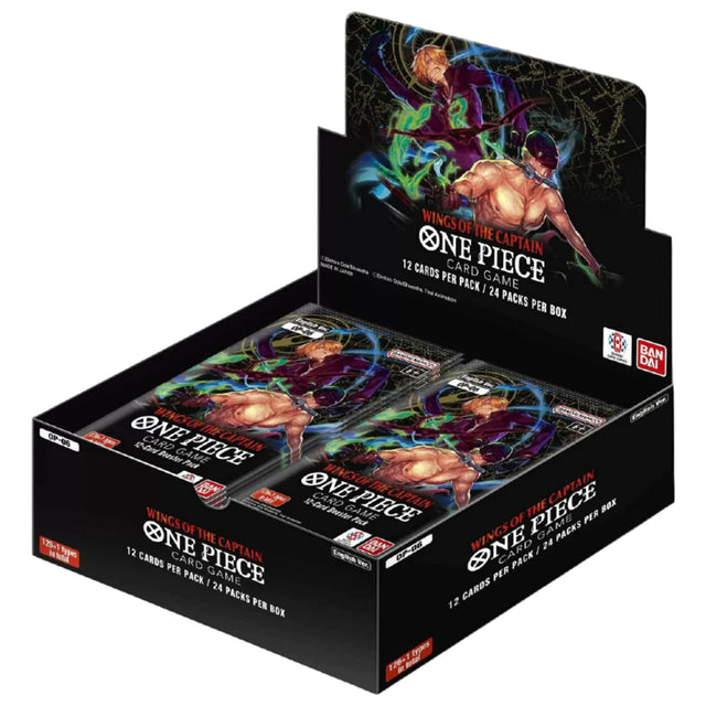 Bandai One Piece TCG Wings of the Captain Booster Box with collectible trading cards, featuring colorful artwork and card packaging.