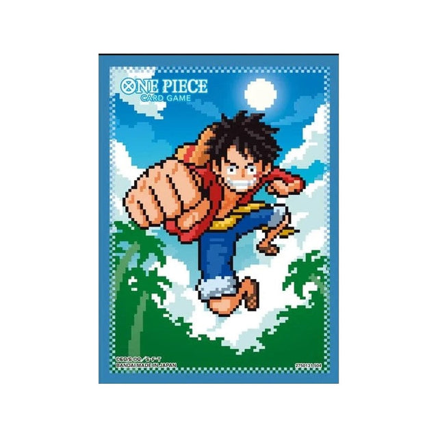 Set of 8 official One Piece TCG sleeves by Bandai featuring vibrant anime character artwork and protective card sleeves.