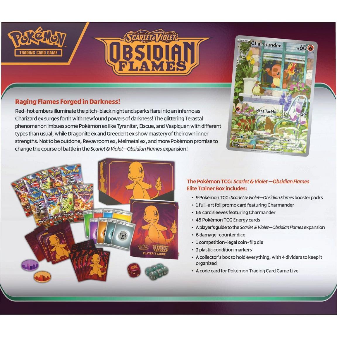 Pokémon TCG Obsidian Flames Elite Trainer Box showing card packs, accessories, and collectible items inside.