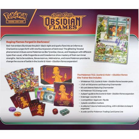 Pokémon TCG Obsidian Flames Elite Trainer Box showing card packs, accessories, and collectible items inside.