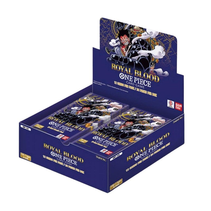 Bandai One Piece TCG Royal Blood Booster Box of collectible trading cards, featuring vibrant artwork and card packaging.