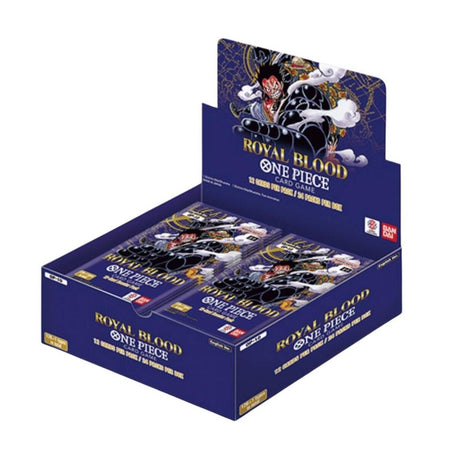Bandai One Piece TCG Royal Blood Booster Box of collectible trading cards, featuring vibrant artwork and card packaging.