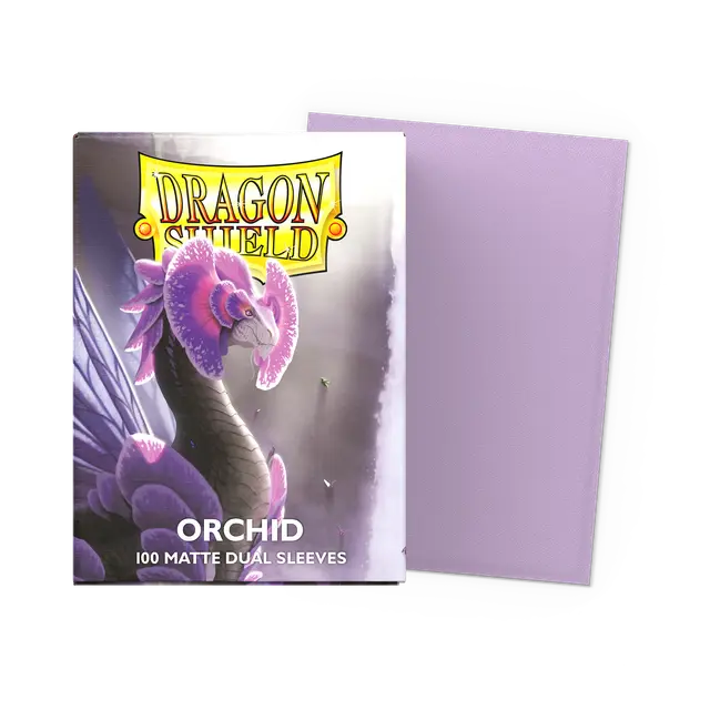 Dragon Shield Orchid dual matte standard card sleeves, featuring vibrant orchid color and smooth matte finish, for collectible card protection.