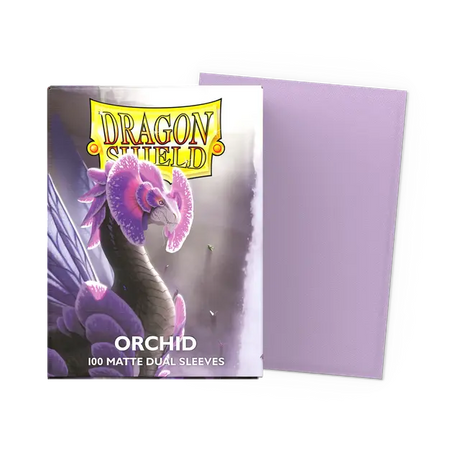 Dragon Shield Orchid dual matte standard card sleeves, featuring vibrant orchid color and smooth matte finish, for collectible card protection.