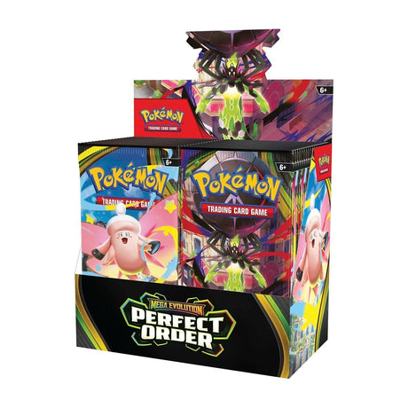 Pokémon TCG Perfect Order Booster Box featuring colorful Pokémon cards and packaging with Pikachu and other Pokémon characters.