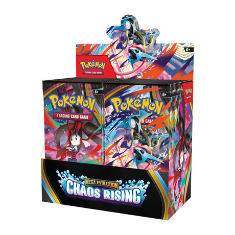 Pokémon TCG Chaos Rising booster box featuring colorful packaging with Pokémon characters and booster packs displayed.