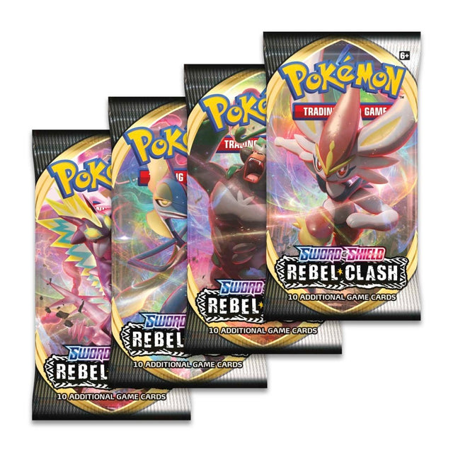 Pokémon TCG Rebel Clash Booster Pack featuring colorful artwork and various Pokémon cards on the packaging.