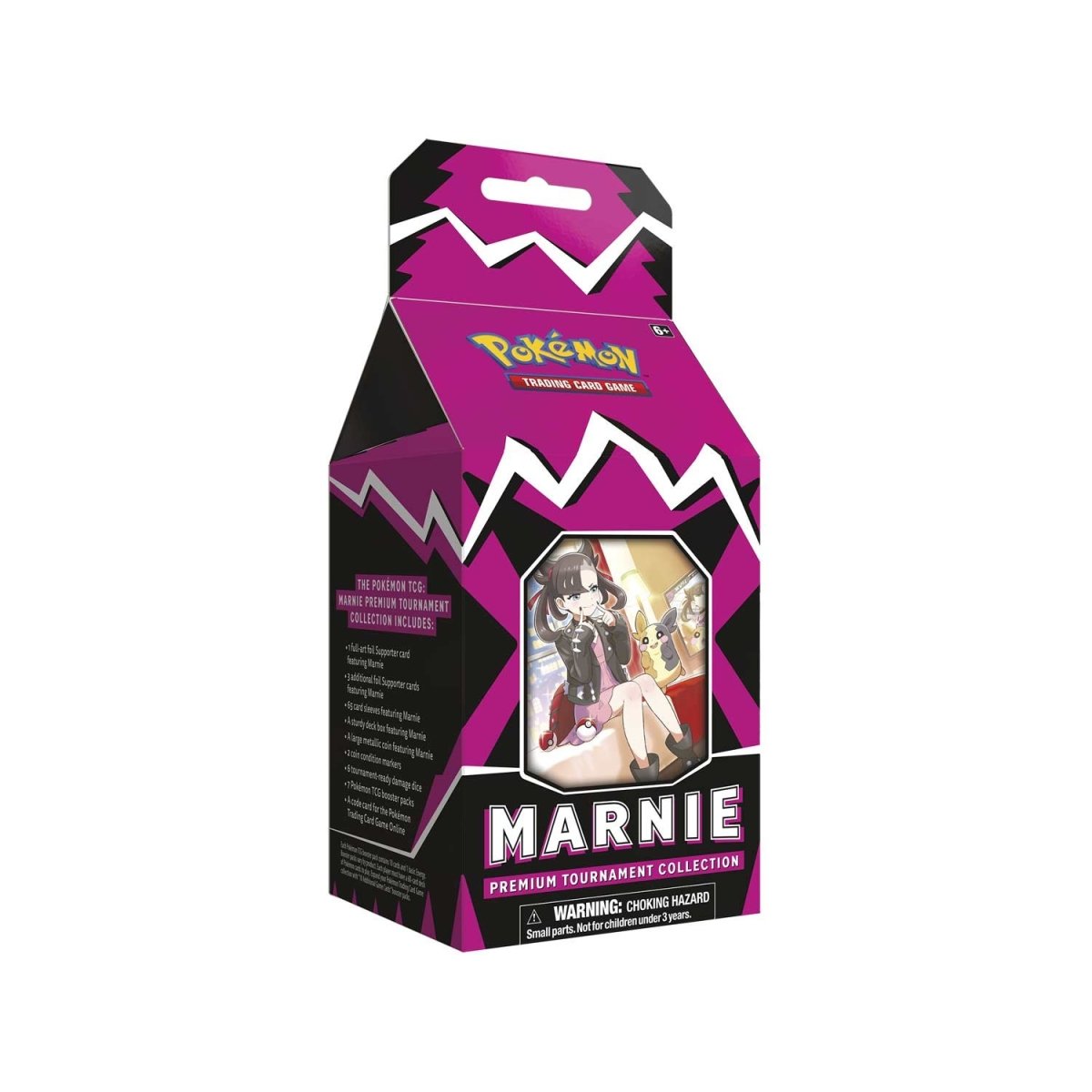 Pokémon TCG Marnie Premium Tournament Collection box with cards, accessories, and artwork featuring Marnie from Pokémon.