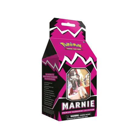 Pokémon TCG Marnie Premium Tournament Collection box with cards, accessories, and artwork featuring Marnie from Pokémon.