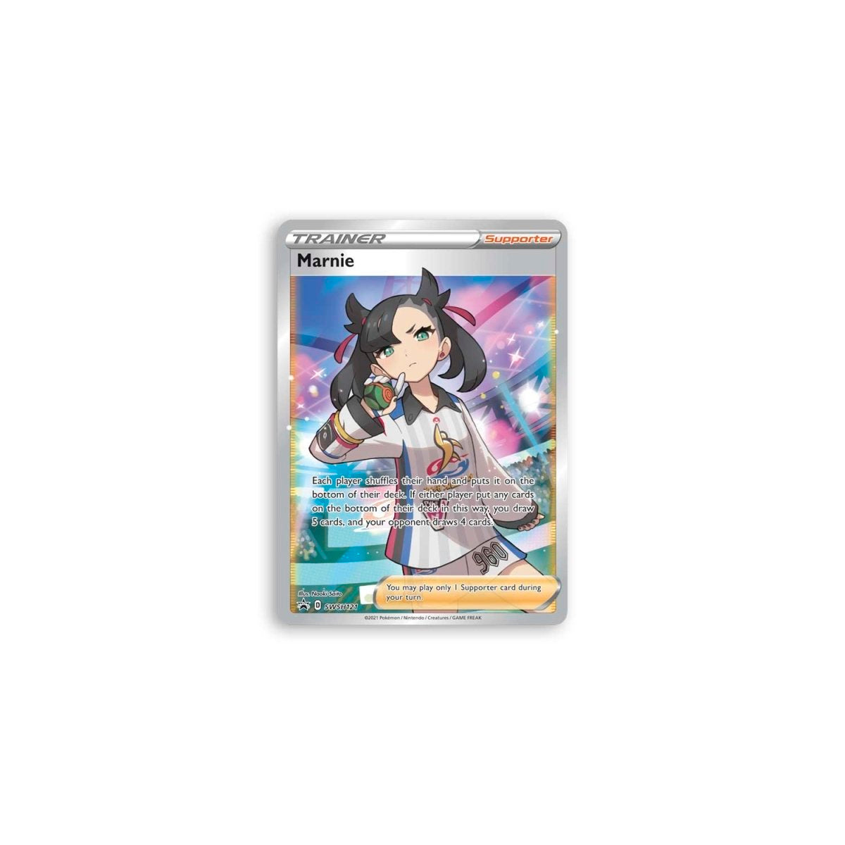 Pokémon Marnie Premium Tournament Collection box featuring Pokémon TCG cards, accessories, and artwork themed around Marnie.