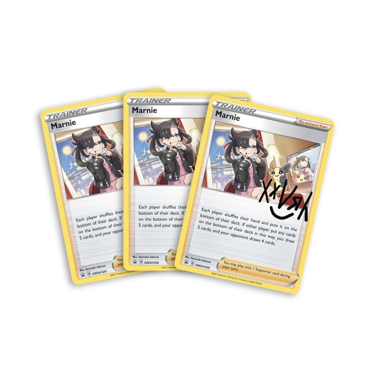 Pokemon Marnie Premium Tournament Collection box with Pokémon TCG cards, featuring Marnie character and game accessories.